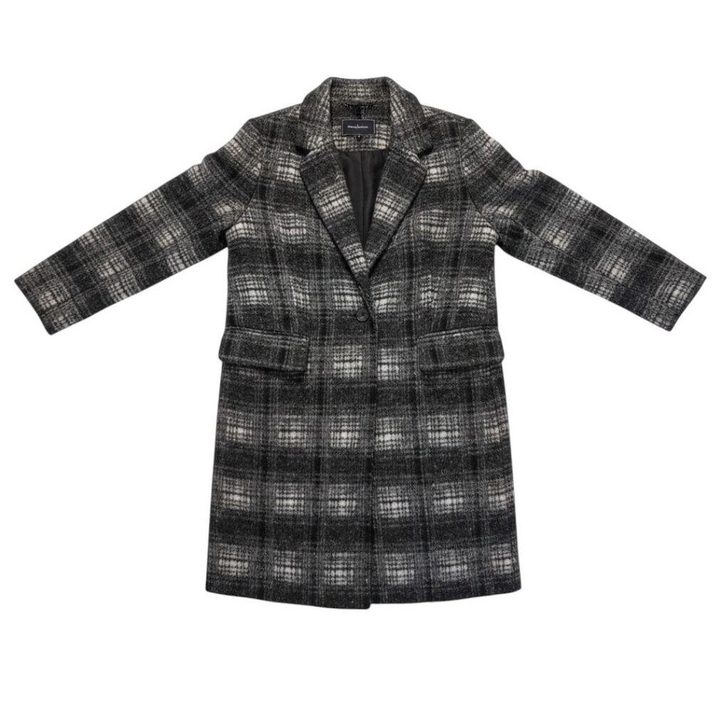BCBGMAXAZRIA Plaid Overcoat Tailored Arcylic Blend Grey Blk Dark Academia Small